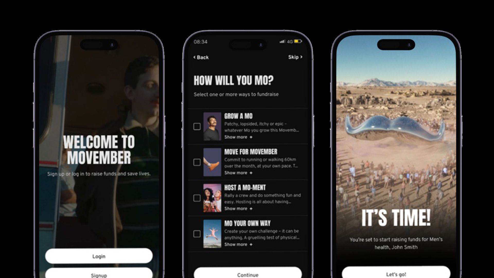 Three black and white screen captures of the Movember app.
